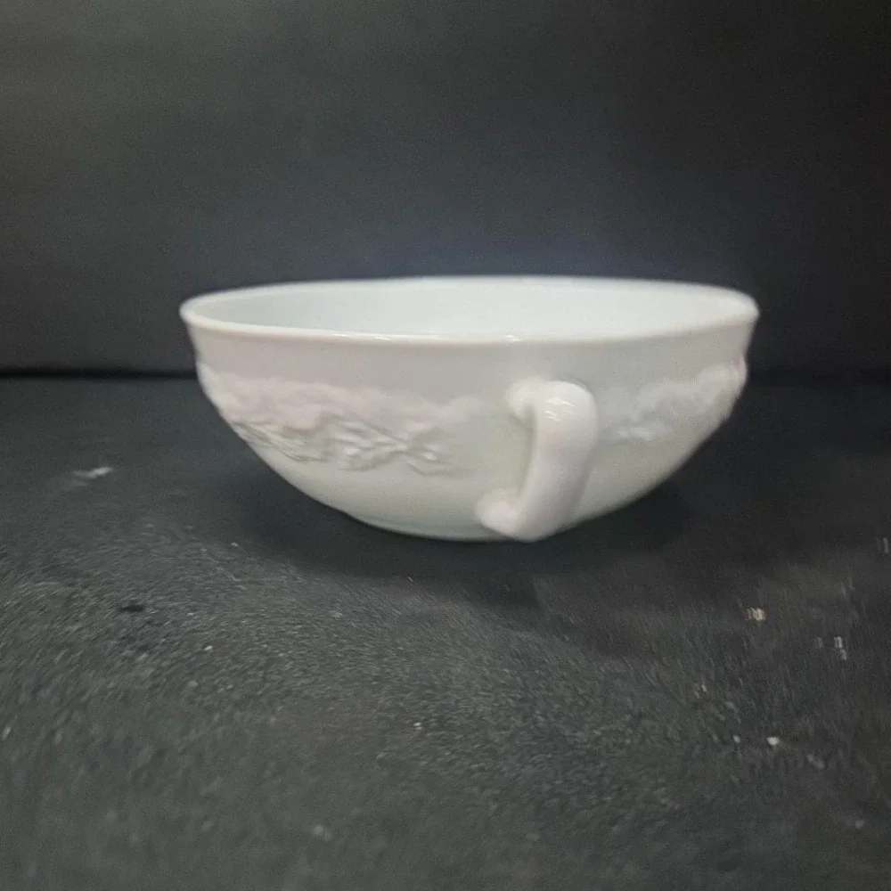Anchor Hocking Milk Glass Soup Bowl, Dual Handled Floral Dish, Vtg Kitchenware
